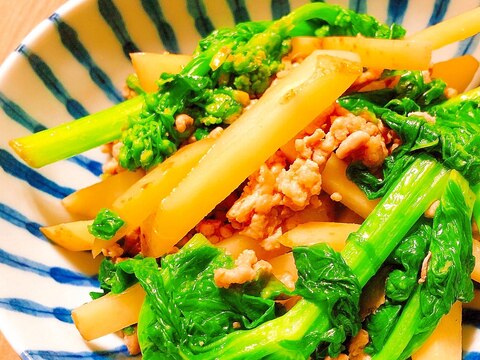 菜の花とじゃがいもと豚ひき肉のバター醤油炒め